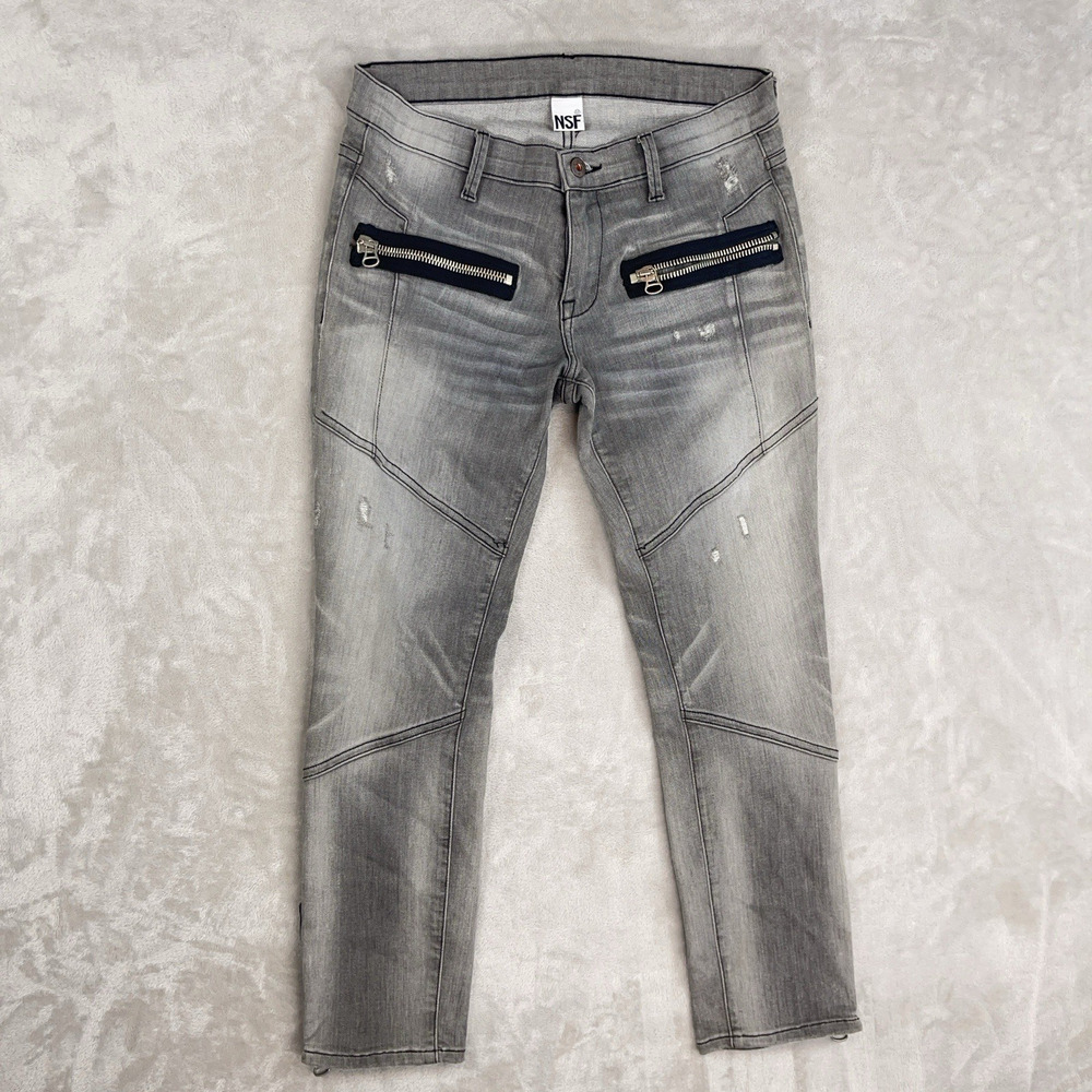NSF Basquiat Grey Moto Zipper Jeans Womens 27" USA Made Shadow Minimalism Grunge